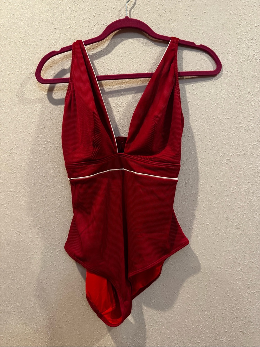 Deep V Red One-Piece Swimsuit with Contrast Trim
